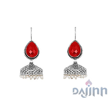 Dajinn Sahasra Red Stone Silver Oxidised Earrings