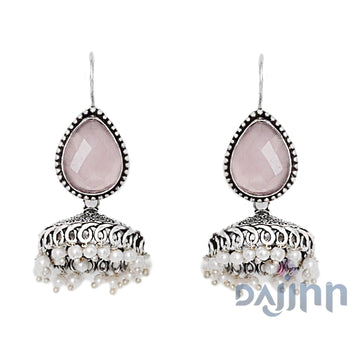 Dajinn Sahasra Pink Stone Silver Oxidised Earrings