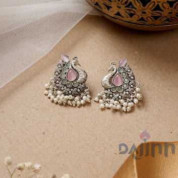 Dajinn Nirali  Pink & White Silver Oxidised Earrings