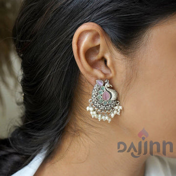 Dajinn Nirali  Pink & White Silver Oxidised Earrings