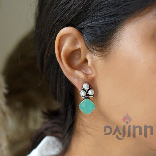 Dajinn Delisha  Light Blue Stone Silver Oxidised  Stud Earrings