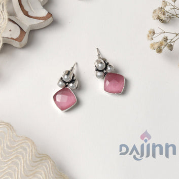 Dajinn Delisha Pink Stone Silver Oxidised  Stud Earrings