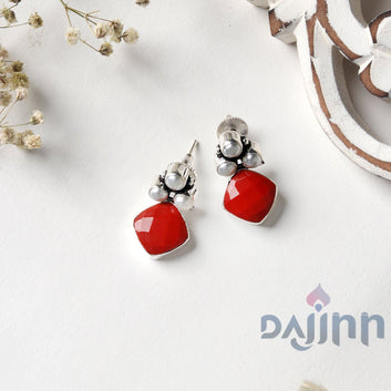 Dajinn Delisha  Red Stone Silver Oxidised  Stud Earrings