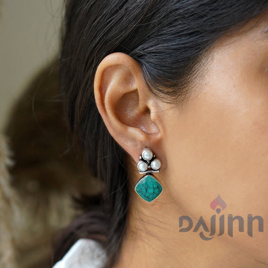 Dajinn Delisha Turquoise Stone Silver Oxidised  Stud Earrings