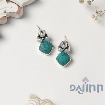 Dajinn Delisha Turquoise Stone Silver Oxidised  Stud Earrings