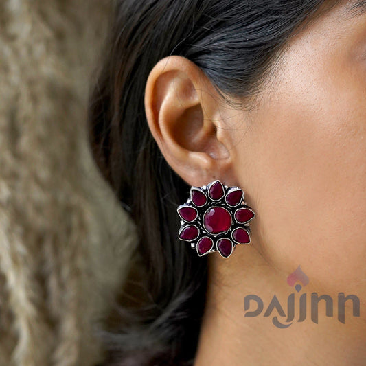 Dajinn Hrida  Pink Stone Silver Oxidised Stud Earrings