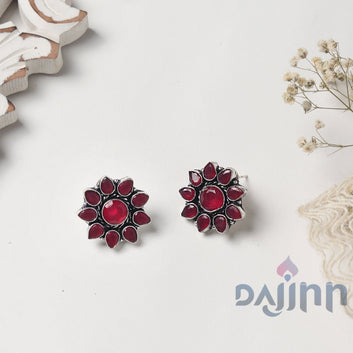 Dajinn Hrida  Pink Stone Silver Oxidised Stud Earrings