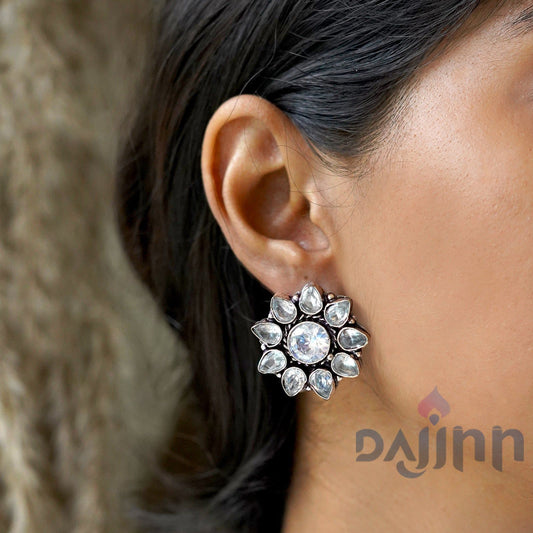 Dajinn Hrida White Stone Silver Oxidised Stud Earrings