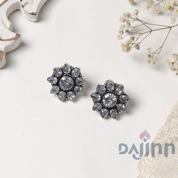 Dajinn Hrida White Stone Silver Oxidised Stud Earrings