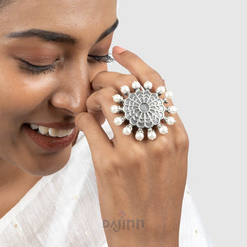 Dajinn Suvanshi Floral Pearl Silver Oxidised Ring