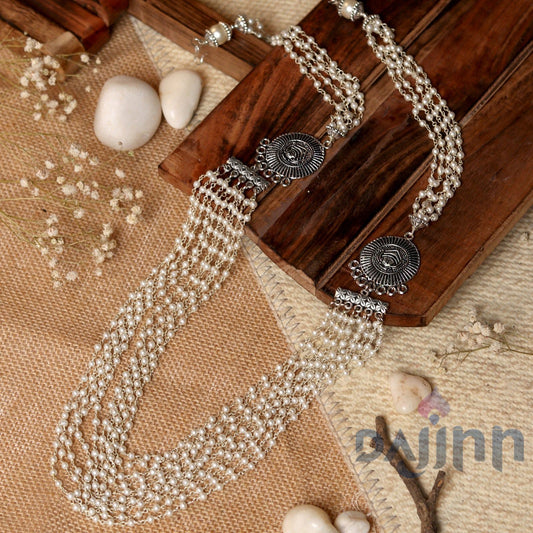 Dajinn Vibhuti Pearl Layered Silver Oxidised Necklace