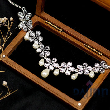 Abhita Floral Polki Silver Oxidized Necklace