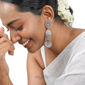 Dajinn Bina Floral Pink  Silver Oxidised Earrings