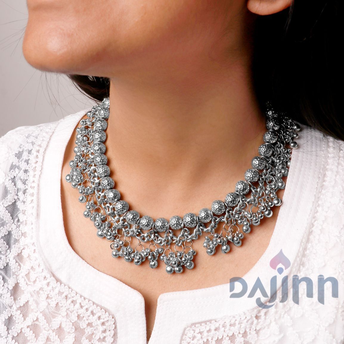 Bodhi  Silver Oxidized Gungroo Necklace