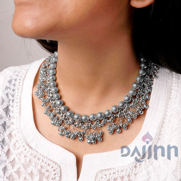 Bodhi  Silver Oxidized Gungroo Necklace