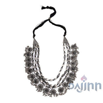 Arunima Floral Silver Oxidized Long Layered Necklace