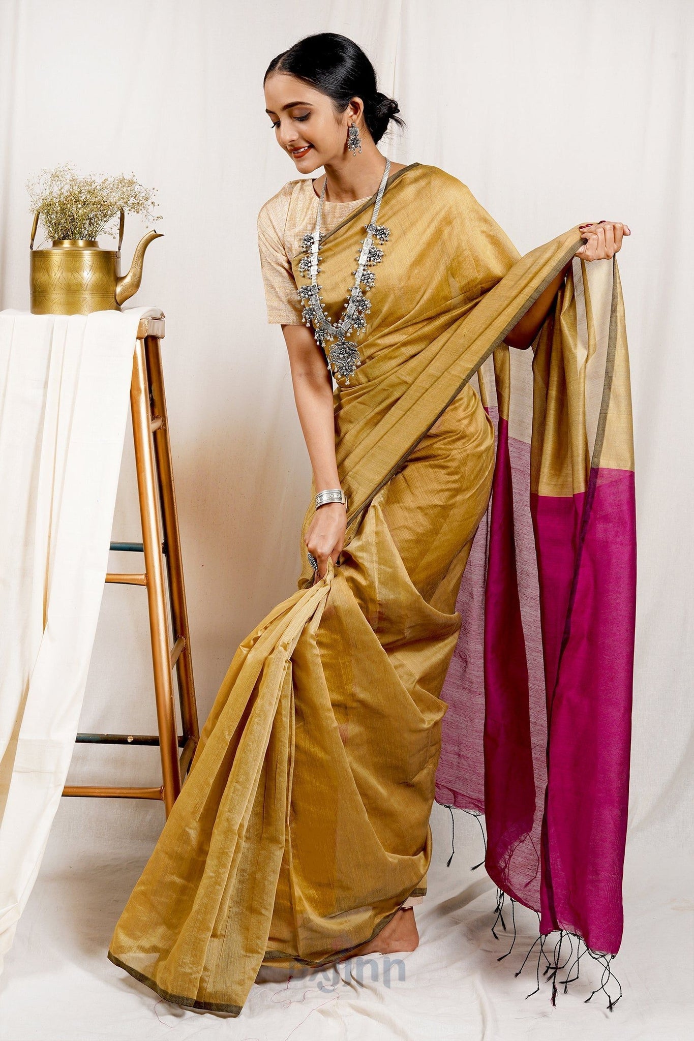 AYSR Boutique Luminous Golden and Pink Khadi Cotton Silk Saree