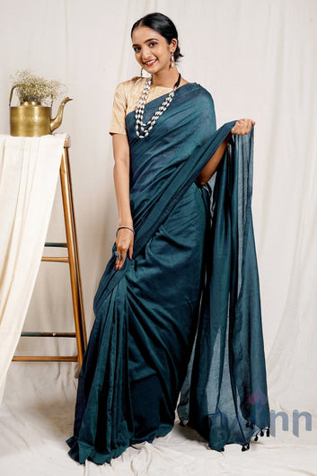 AYSR Boutique Anchor Peacock Blue Mulmul Cotton Saree