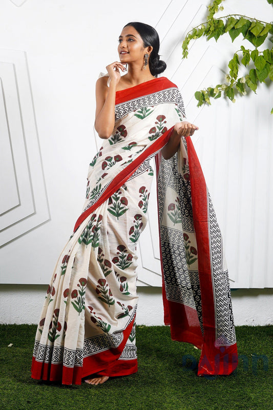 AYSR Boutique Poppy Beige and Red Hand Block Mulmul Cotton Saree