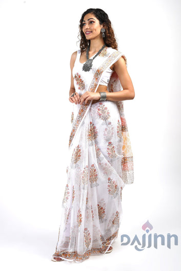 AYSR Boutique Veena White and Orange Kota Saree With Blouse Piece