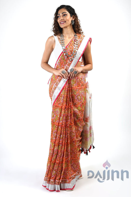 AYSR Boutique Aniya Peach Linen Hand Block Saree With Blouse Piece