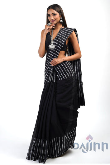 AYSR Boutique Urmika Black Block Print Cotton Saree With Blouse Piece