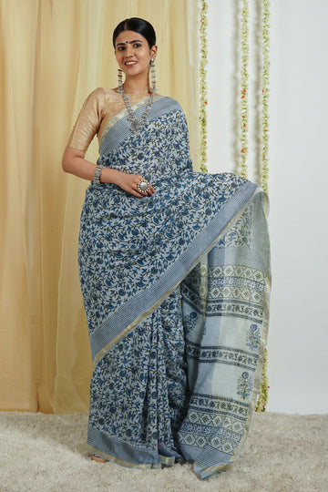 AYSR Boutique Chhaya Light Blue Block Print Chanderi Cotton Saree With Blouse Piece