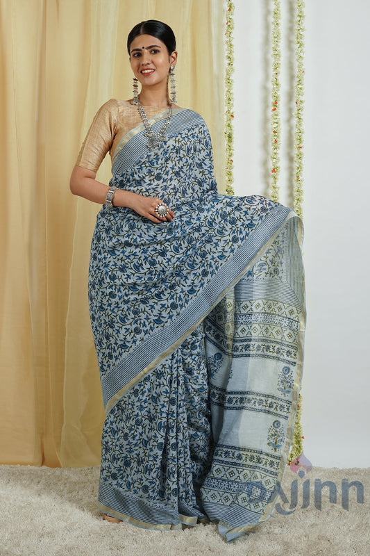 AYSR Boutique Chhaya Light Blue Block Print Chanderi Cotton Saree With Blouse Piece