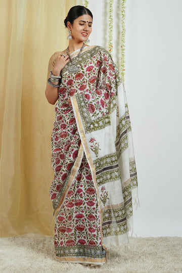 AYSR Boutique Vyakhya White and Pink Block Print Chanderi Cotton Saree With Blouse Piece