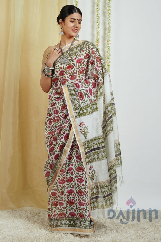 AYSR Boutique Vyakhya White and Pink Block Print Chanderi Cotton Saree With Blouse Piece