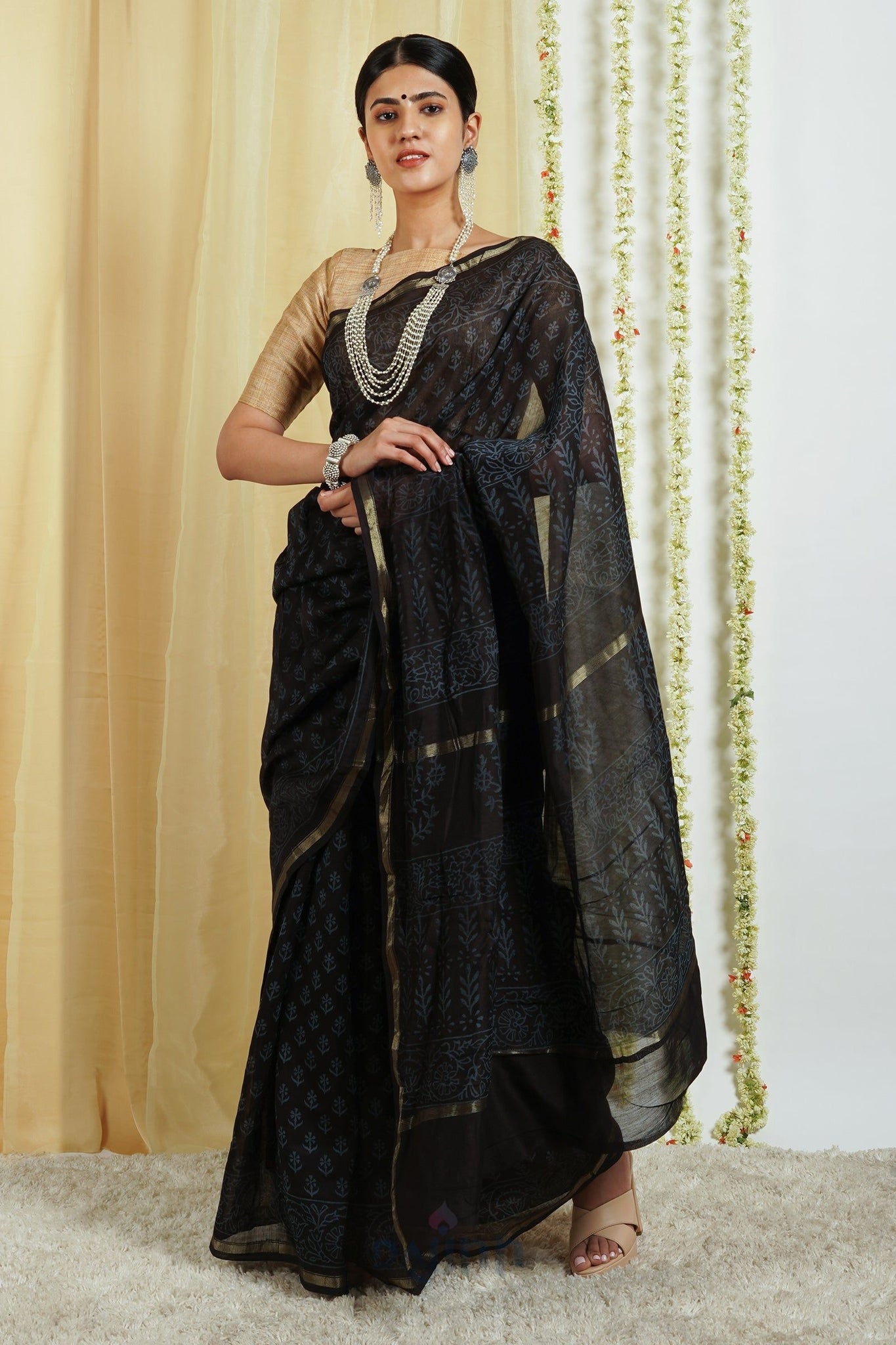 AYSR Boutique Nyra Black Block Print Chanderi Silk Saree With Blouse Piece