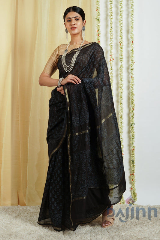 AYSR Boutique Nyra Black Block Print Chanderi Silk Saree With Blouse Piece