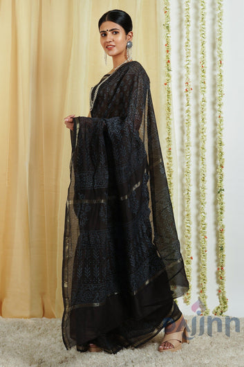 AYSR Boutique Nyra Black Block Print Chanderi Silk Saree With Blouse Piece