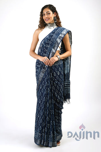 AYSR Boutique Aakash Indigo Block Print Linen Saree With Blouse Piece