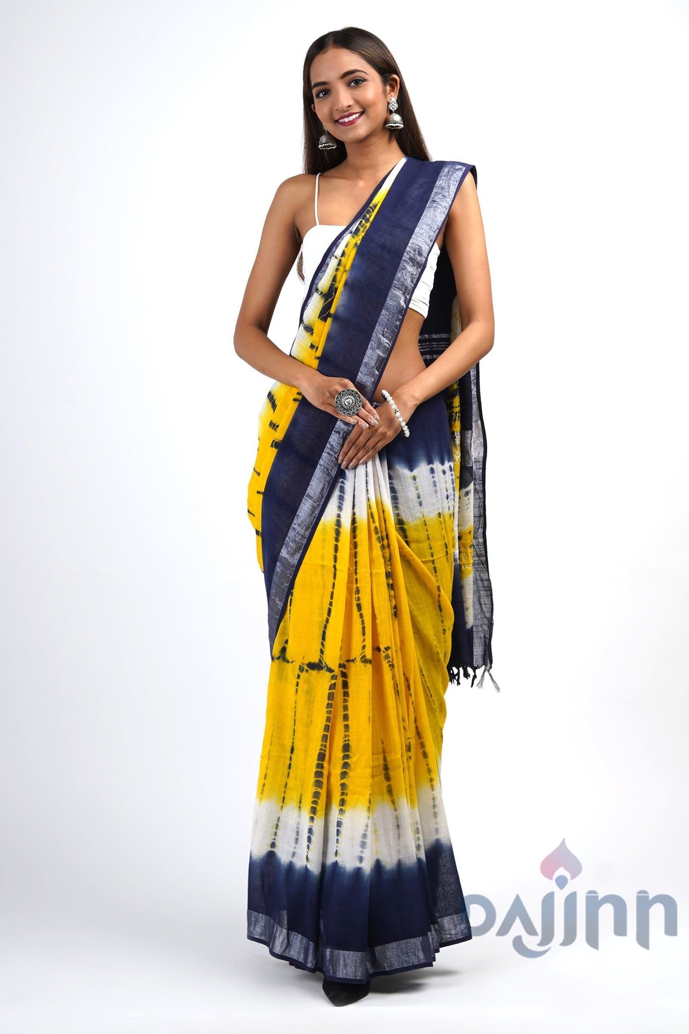 AYSR Boutique Suneheri Blue and Yellow Tie and Dye Linen Cotton Saree With Blouse Piece