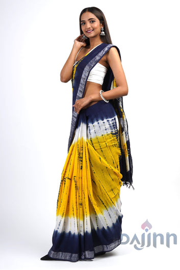 AYSR Boutique Suneheri Blue and Yellow Tie and Dye Linen Cotton Saree With Blouse Piece