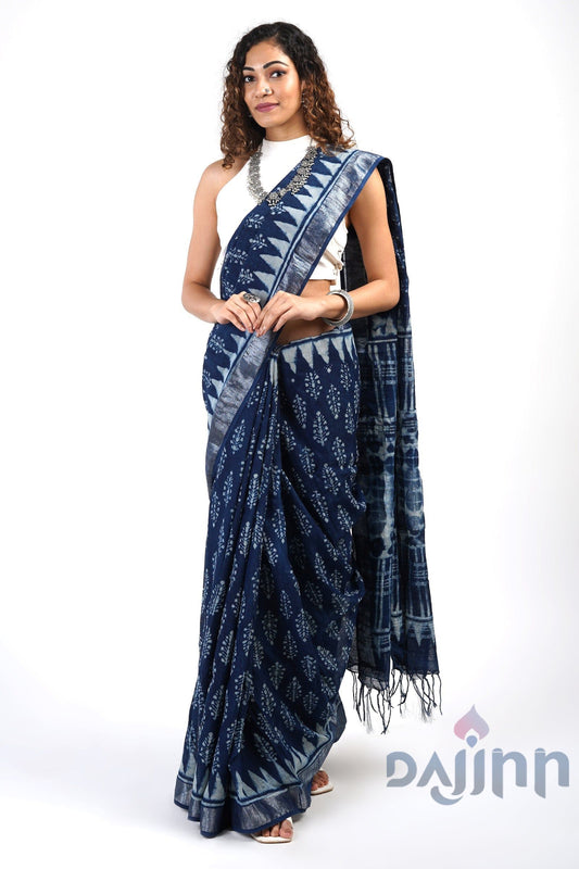 AYSR Boutique Aprajitha Indigo Block Print Linen Cotton Saree With Blouse Piece