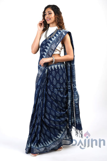 AYSR Boutique Aprajitha Indigo Block Print Linen Cotton Saree With Blouse Piece