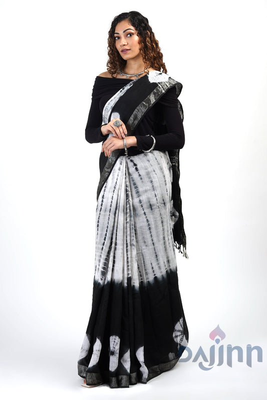 AYSR Boutique Midnight Sky Black and White Tie Dye Linen Cotton Saree With Blouse Piece