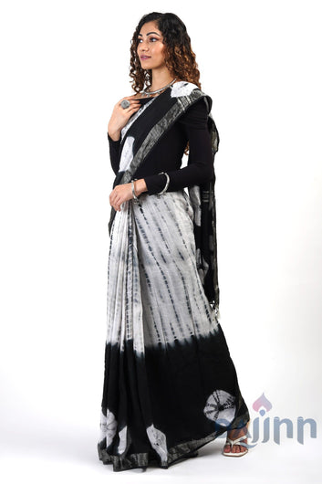 AYSR Boutique Midnight Sky Black and White Tie Dye Linen Cotton Saree With Blouse Piece