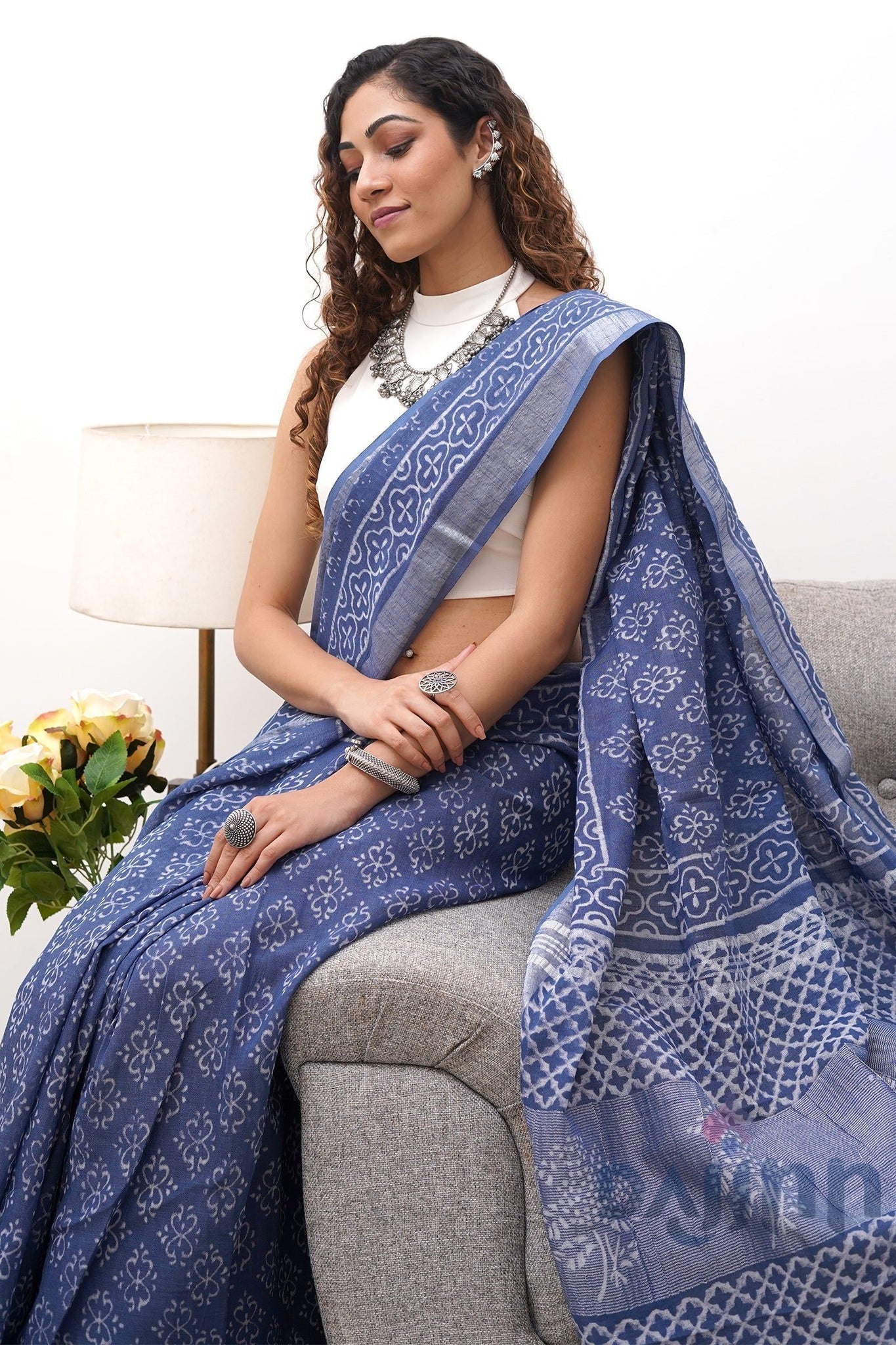 AYSR Boutique Aasmani Blue Block Print Linen Cotton Saree With Blouse Piece