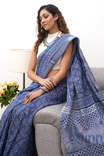 AYSR Boutique Aasmani Blue Block Print Linen Cotton Saree With Blouse Piece