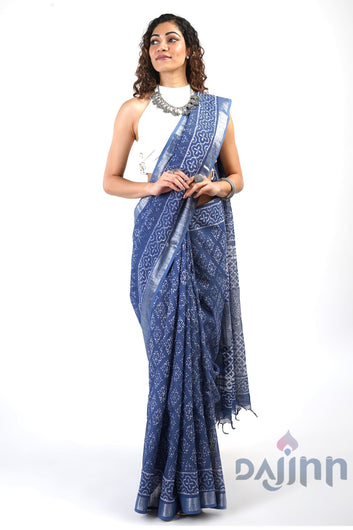 AYSR Boutique Aasmani Blue Block Print Linen Cotton Saree With Blouse Piece