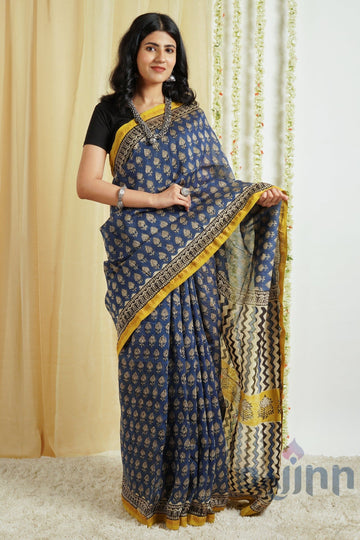 AYSR Boutique Jheel Blue Block Print Chanderi Cotton Saree With Blouse Piece