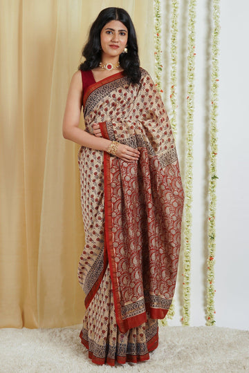 AYSR Boutique Vaidehi Beige Block Print Chanderi Cotton Saree With Blouse Piece