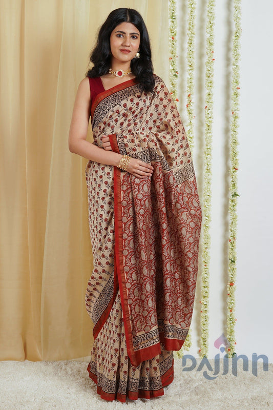 AYSR Boutique Vaidehi Beige Block Print Chanderi Cotton Saree With Blouse Piece