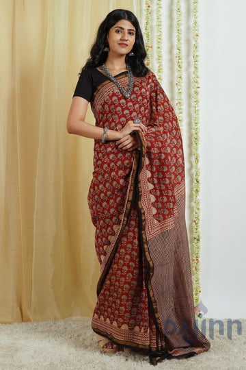 AYSR Boutique Rustic Maroon Block Print Chanderi Cotton Saree With Blouse Piece