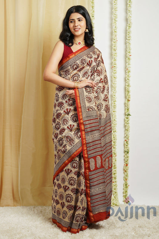 AYSR Boutique Spiced Beige Block Print Chanderi Cotton Saree With Blouse Piece