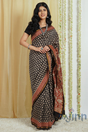 AYSR Boutique Nitya Black Block Print Chanderi Cotton Saree With Blouse Piece