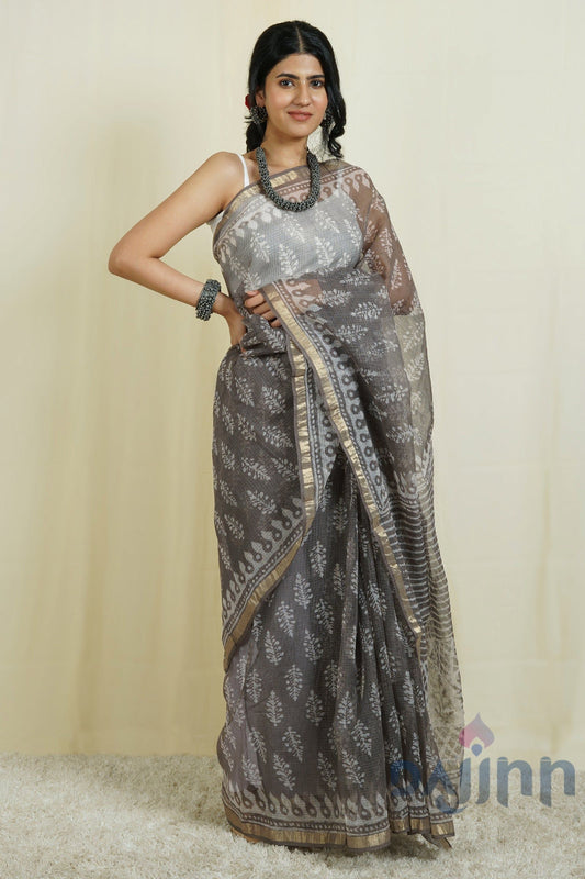 AYSR Boutique Sletee Grey Block Print Kota Saree with Blouse Piece